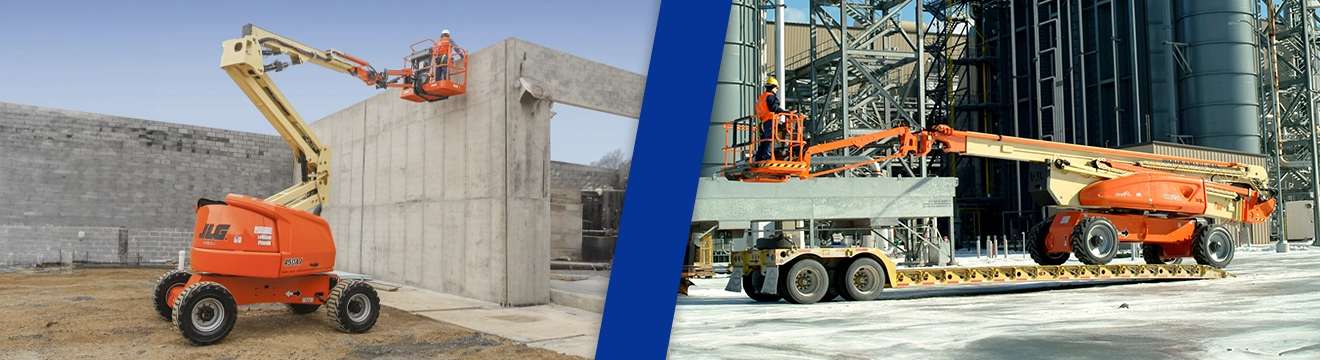 Plataforma articulada y telescópica JLG en uso en obras de construcción.